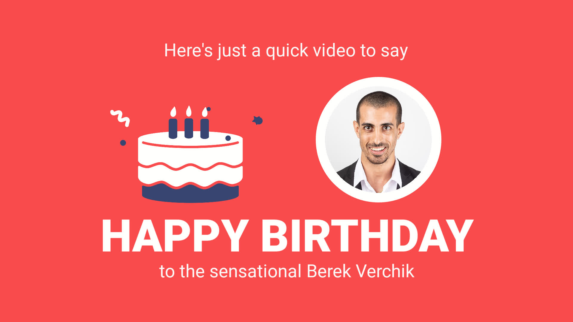 A birthday greeting graphic featuring an illustration of a cake, the text "happy birthday," and a photo of a smiling man, with a personalized message to 'derek verchik'.