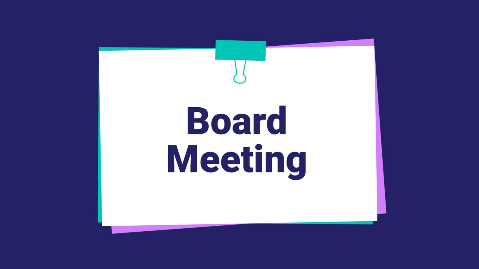 A sign with the words "board meeting" pinned to a purple background.