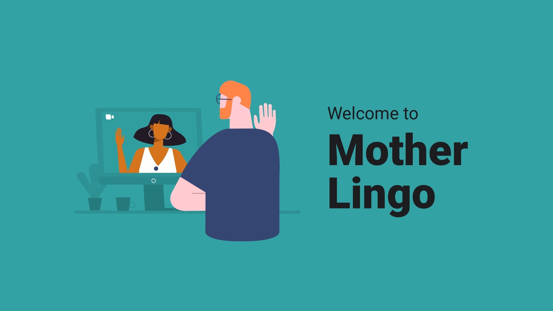 A man and a woman engaged in an online language learning session using Biteable video maker, with the text "welcome to mother lingo" displayed on the screen.