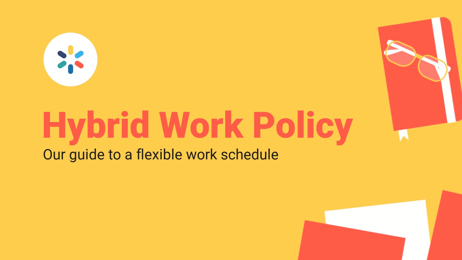 Illustration for "hybrid work policy" featuring a logo, glasses, and books on a yellow background, emphasizing a flexible work schedule guide created with Biteable video maker.