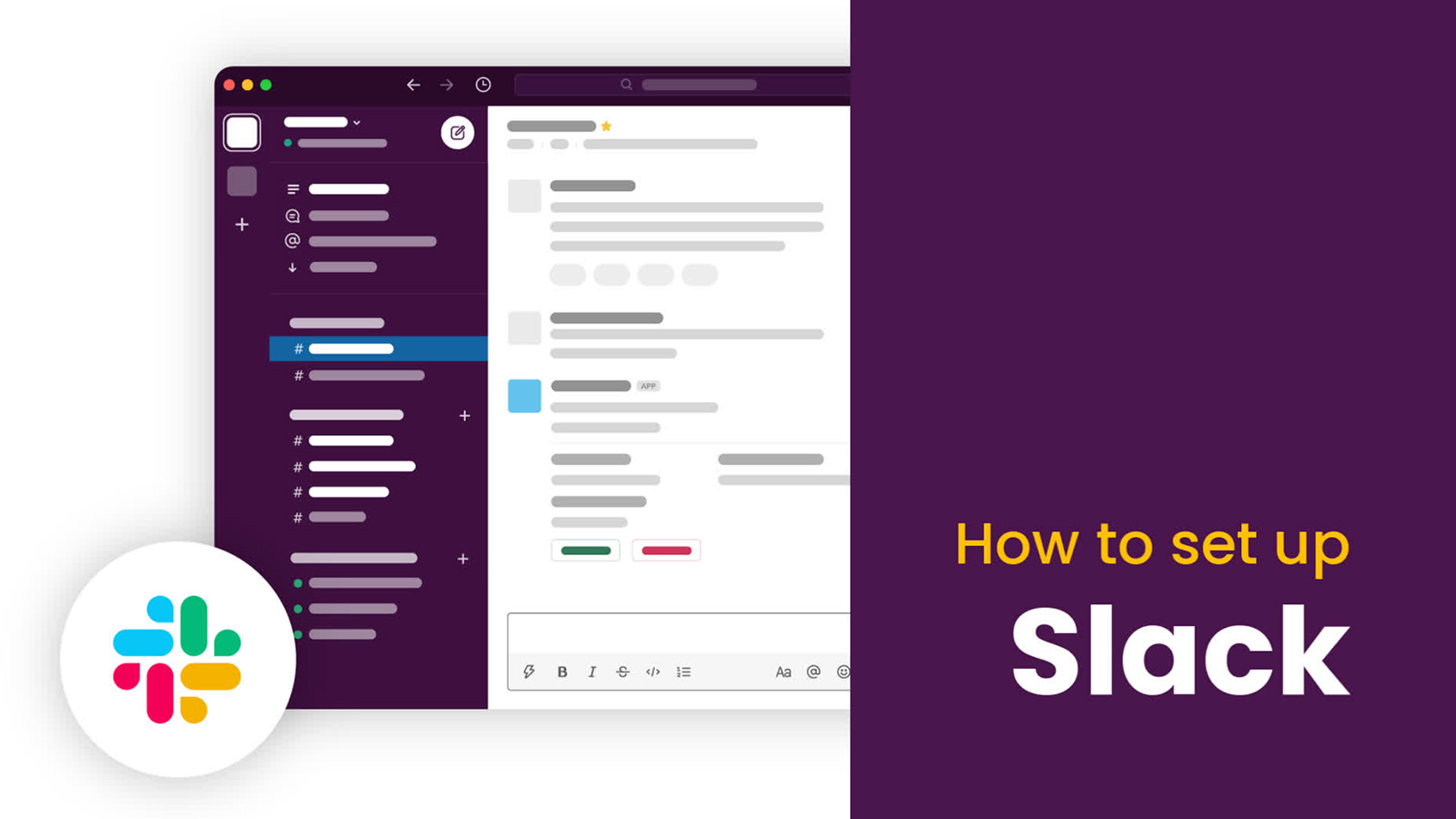 Illustration of a Slack interface with a Biteable video maker guide on how to set it up.