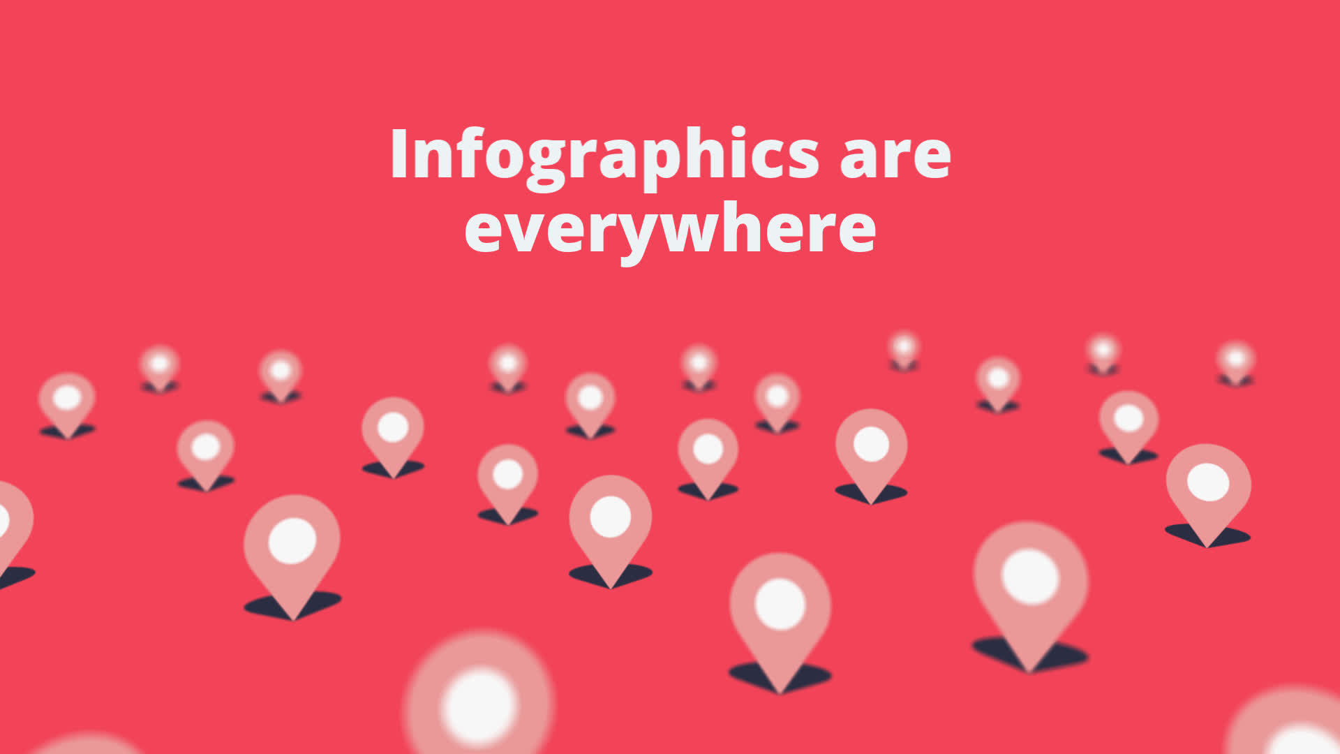 Graphic illustration of location pins dispersed on a red background with the text "infographics are everywhere.