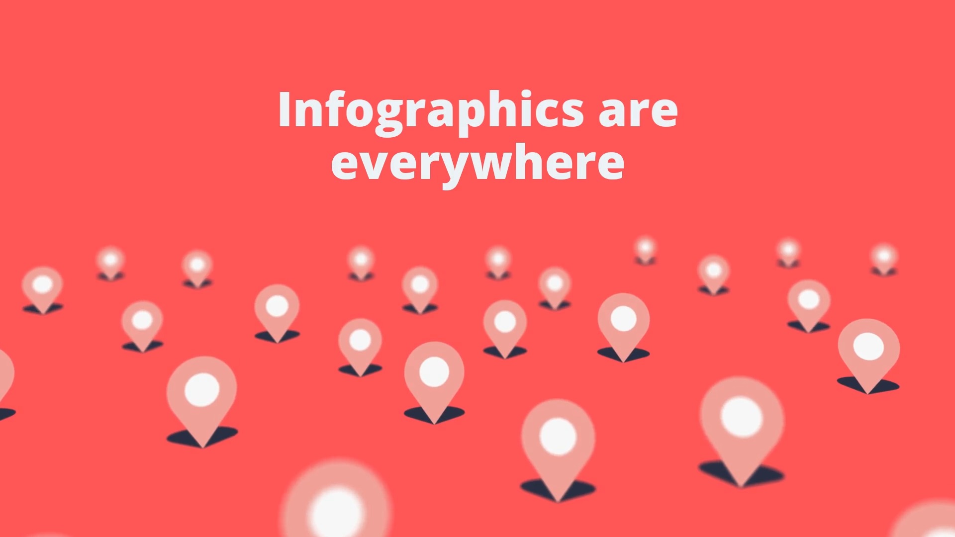 Graphic with text "infographics are everywhere" over a red background, dotted with numerous white location markers, created using Biteable video maker.