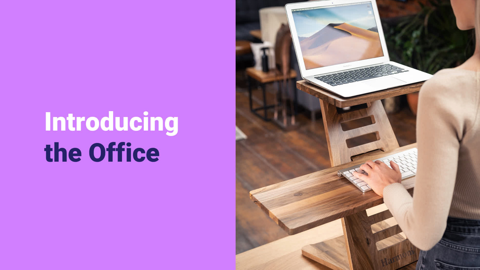 A person at a wooden desk with a laptop, featuring text "introducing the office".