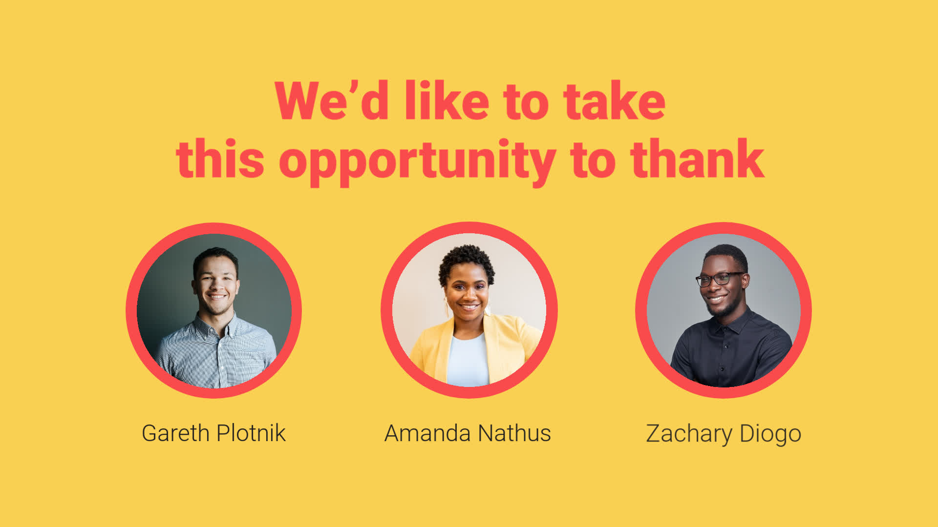 Appreciation message for three individuals, gareth plotnik, amanda nathus, and zachary diogo, featured on a vibrant yellow background.