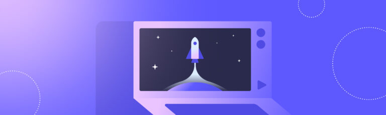 Illustration of a vintage computer displaying a rocket launch on the screen.