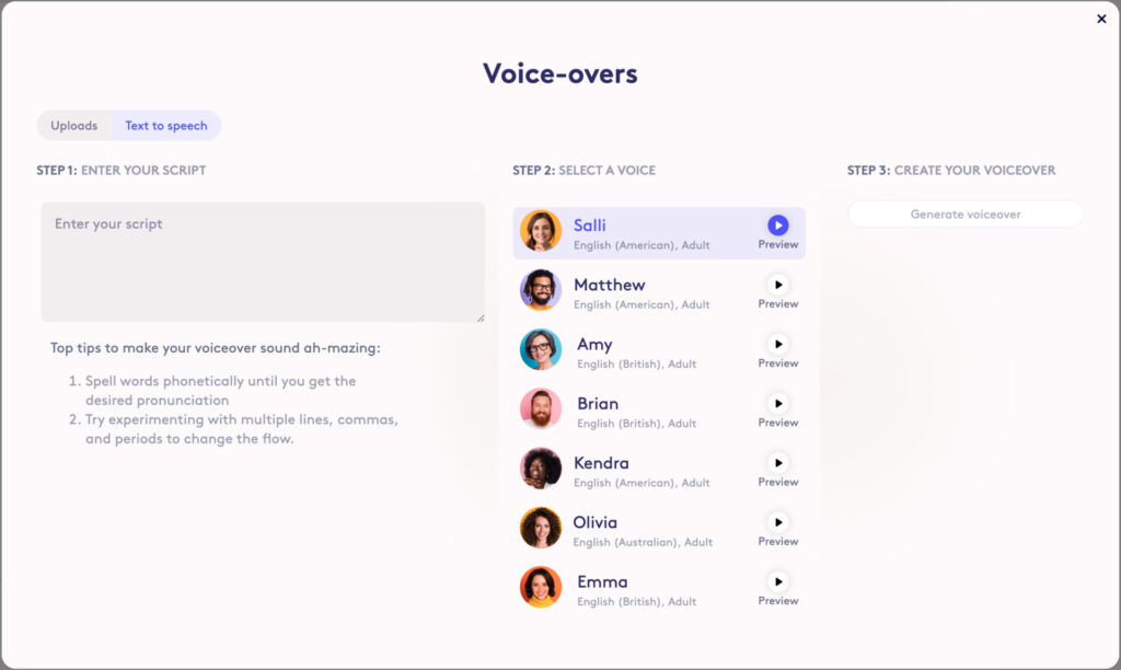 Screenshot of a voice-over creation software interface with options to upload scripts, select a voice, and generate a voiceover, featuring various voice choices like 'Salli' and 'Brian'.