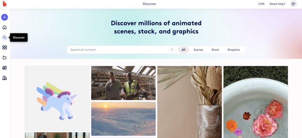 Website homepage showcasing a search bar with options for animated scenes, stock images, and graphics, featuring sample images including a unicorn illustration and nature photos.