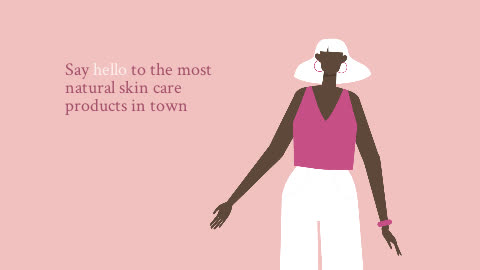 Illustration of a woman with a wide-brimmed hat against a pink background with a slogan about natural skincare products.