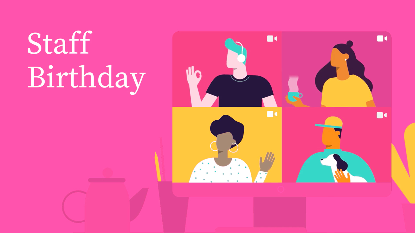 Illustration of a virtual staff birthday celebration with four diverse employees interacting on a Biteable video call, displayed on a computer monitor against a pink background.