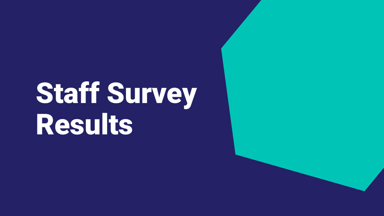 Presentation slide titled "staff survey results" with a purple background and a turquoise design element.