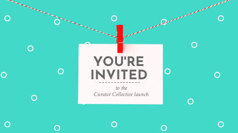 An invitation card reading "you're invited to the curator collective launch" hanging from a red clip on a string.