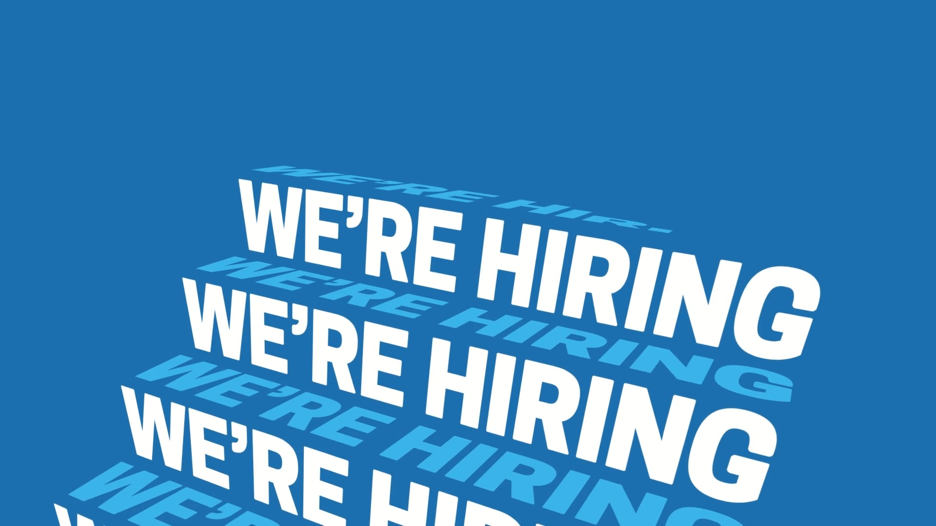 Three-dimensional text with the words "we're hiring" repeated in a diagonal pattern, set against a solid blue background, created using Biteable video maker.