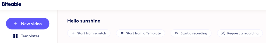 User interface of a video creation platform with options to start a new video, use templates, or record a video.