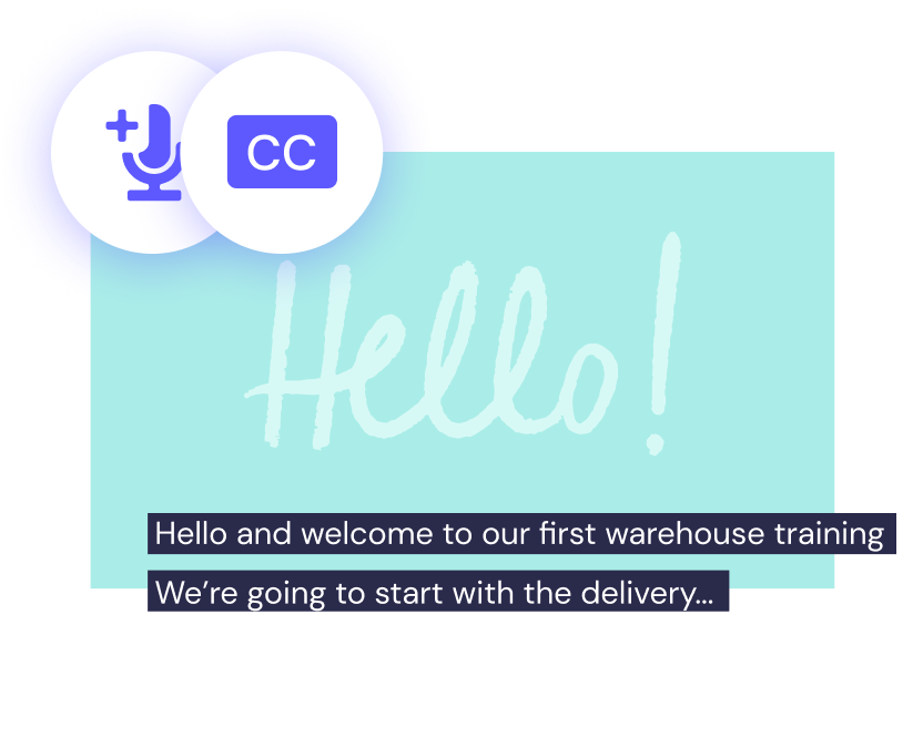 A digital image showing a mint green card with the word "Hello!" in white script, additional text below, and a "CC" icon on a blue circle at the top left.