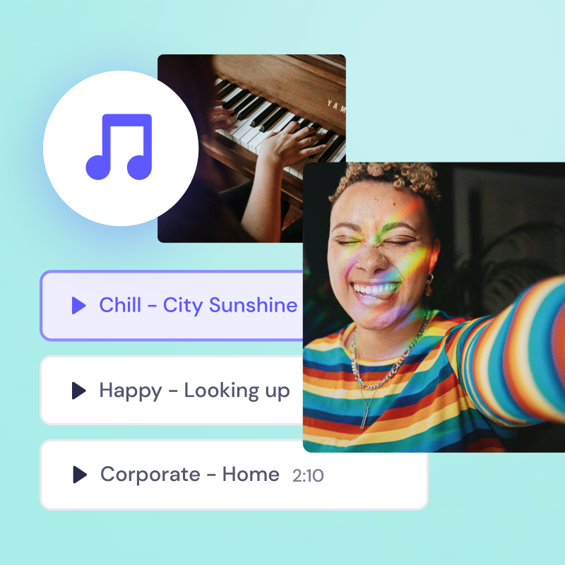 A person with a rainbow face paint smiles joyfully, reaching toward the camera, with an inset of piano playing and a music player interface displaying song options.