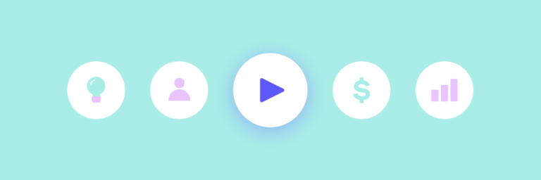 An array of flat design icons symbolizing ideas, user profile, multimedia, finance, and growth on a pastel background.