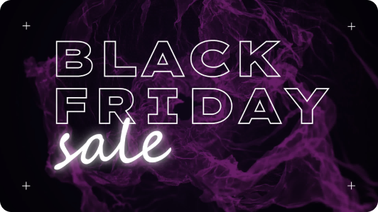 Black Friday Sale" text in glowing neon style against a dark, swirling purple background with light accents.