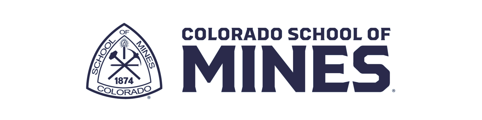 Logo of Colorado School of Mines featuring a triangular emblem with crossed tools and the year 1874, next to the institution's name in bold, capitalized text.