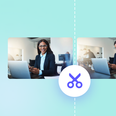 A professional woman in a suit smiling at a laptop in an office environment, with a Biteable video maker icon indicating digital editing or cutting.